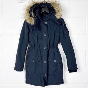 Abercrombie and Fitch Vintage Y2K Parka Womens Small Navy‎ Faux Fur Hood